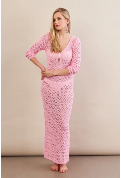 Kadın Pembe Aksesuarlı Triko Plaj Elbisesi KZ3237-90