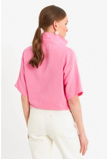Kadın Pembe Bağlamalı Keten Bluz BTH16