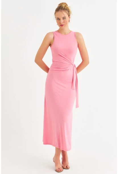 Kadın Pembe Büzgülü Kolsuz Midi Elbise TF75