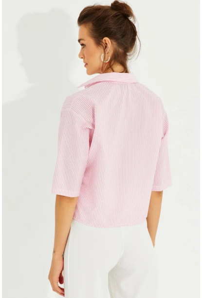 Kadın Pembe Çizgili Kısa Gömlek MİW1290