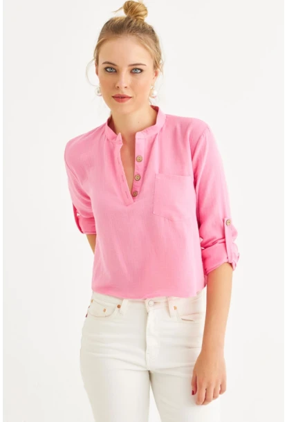 Kadın Pembe Düğmeli Keten Gömlek Bluz BTH17