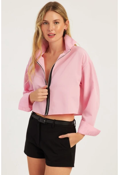 Kadın Pembe Fermuarlı Kısa Gömlek SF2541