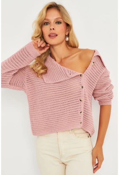 Kadın Pembe Geniş Yakalı Triko Hırka MİW4571