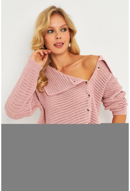 Kadın Pembe Geniş Yakalı Triko Hırka MİW4571