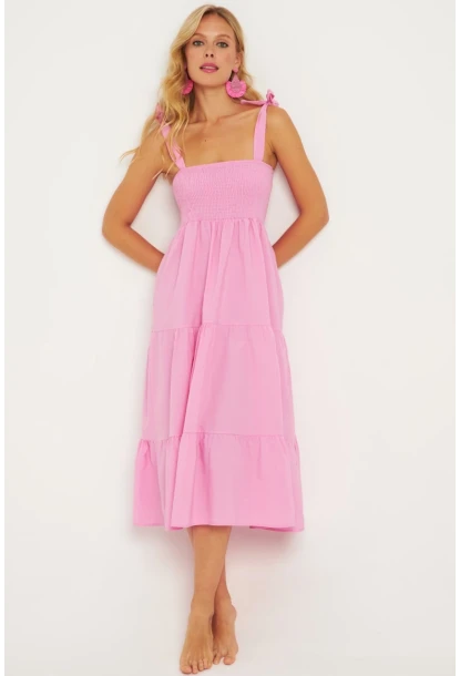Kadın Pembe Gipeli Volanlı Midi Elbise SGT407