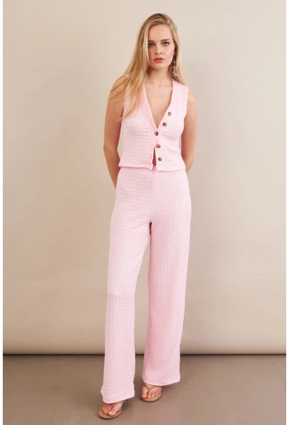 Kadın Pembe Gofre Yelek Pantalon Takım FLU330