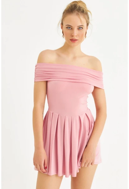 Kadın Pembe Madonna Yaka Midi Elbise MON1262-1