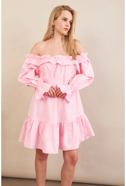 Kadın Pembe Madonna Yaka Midi Elbise PSG1012