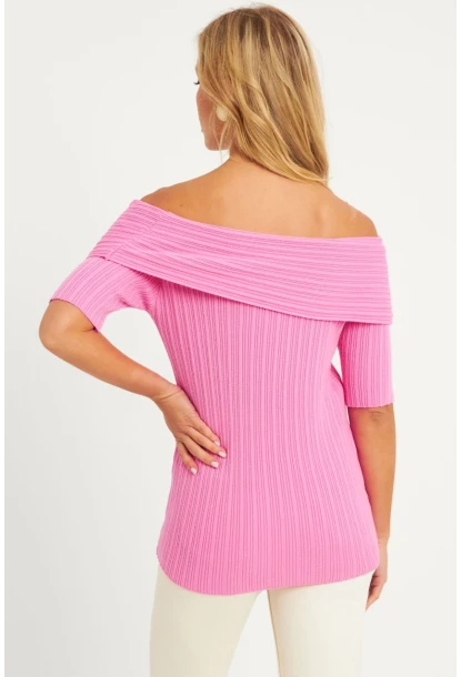 Kadın Pembe Madonna Yaka Triko Bluz KZ538