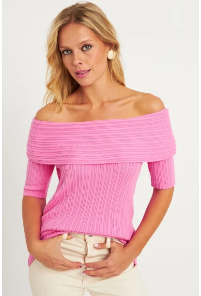 Kadın Pembe Madonna Yaka Triko Bluz KZ538