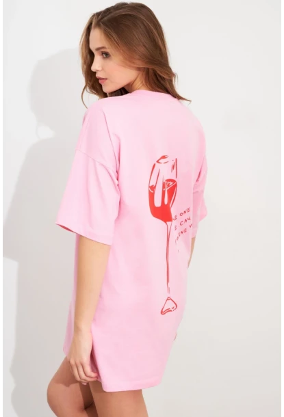 Kadın Pembe Oversize Pijama T-Shirt TPG14