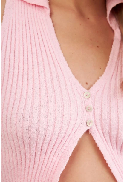 Kadın Pembe Polo Yaka Yumoş Yelek ZH050