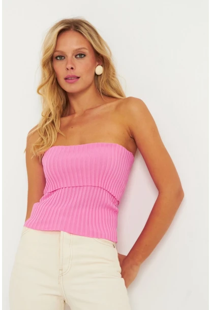 Kadın Pembe Straplez Triko Bluz YV240