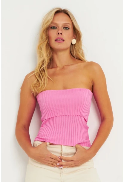 Kadın Pembe Straplez Triko Bluz YV240