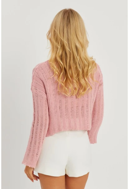 Kadın Pembe V Yaka Ajurlu Triko Bluz YV233