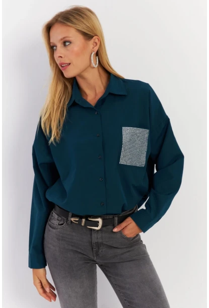 Kadın Petrol Cepli Taşlı Gömlek MZER414