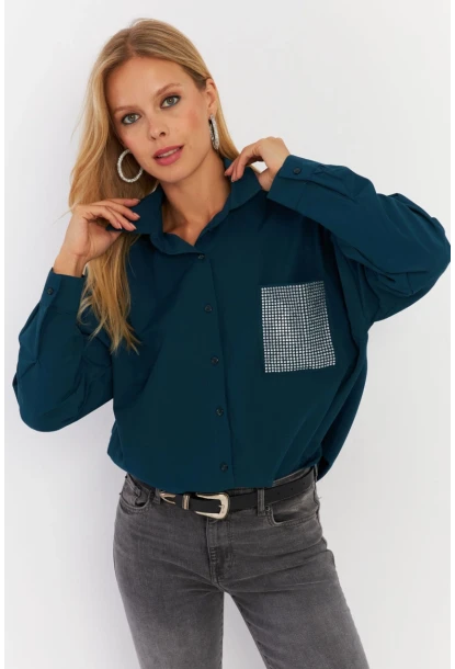 Kadın Petrol Cepli Taşlı Gömlek ZER414