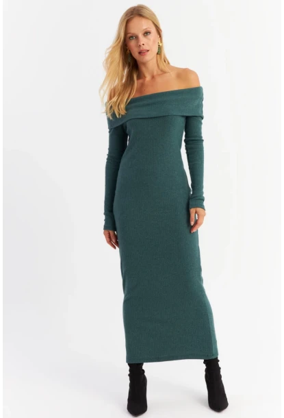 Kadın Petrol Madonna Yaka Kaşkorse Maxi Elbise HOL1