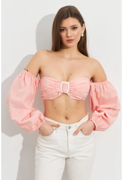 Kadın Pudra Balon Kol Crop Bluz ROP111