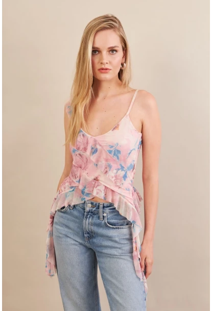 Kadın Pudra Desenli Fırfırlı Şifon Bluz FS033