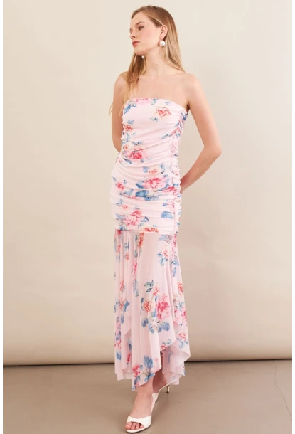 Kadın Pudra Drapeli Straplez Midi Tül Elbise ERL101