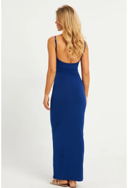 Kadın Saks Ayarlanabilir Askılı Maxi Elbise MEN2004
