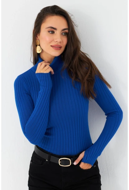 Kadın Saks Balıkçı Yaka Triko Bluz YV102-90