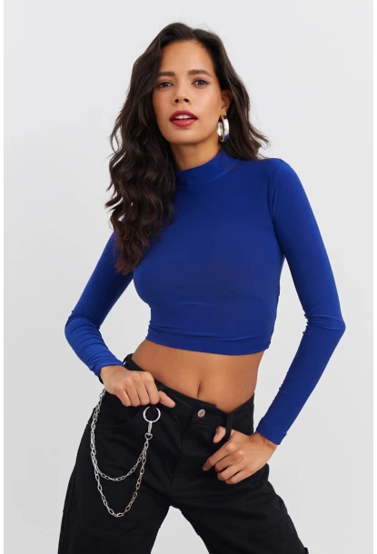 Kadın Saks Beli Açık Crop Bluz GÇ115