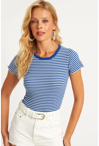 Kadın Saks-Beyaz Çizgili Bluz XL2005