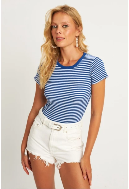 Kadın Saks-Beyaz Çizgili Bluz XL2005