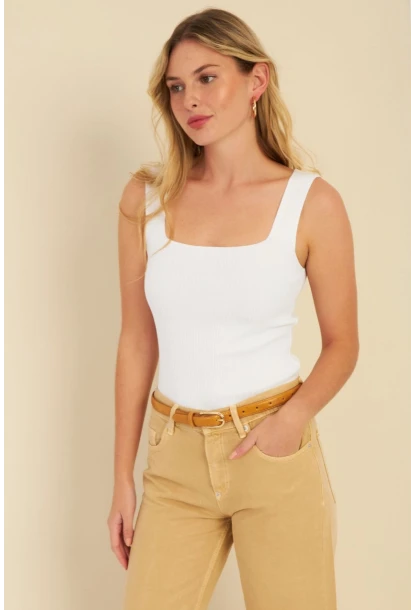 Kadın Saks-Beyaz İkili Kare Yaka Triko Bluz SMT226