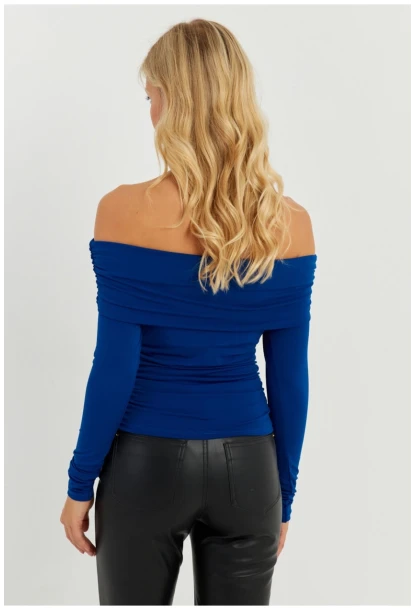 Kadın Saks Büzgülü Madonna Bluz MON1119