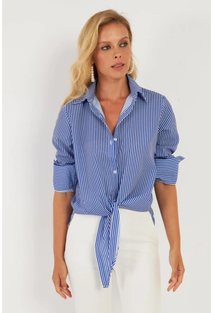 Kadın Saks Çizgili Gömlek ZER408