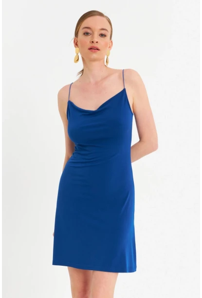 Kadın Saks Degaje Basic Mini Elbise YDF100