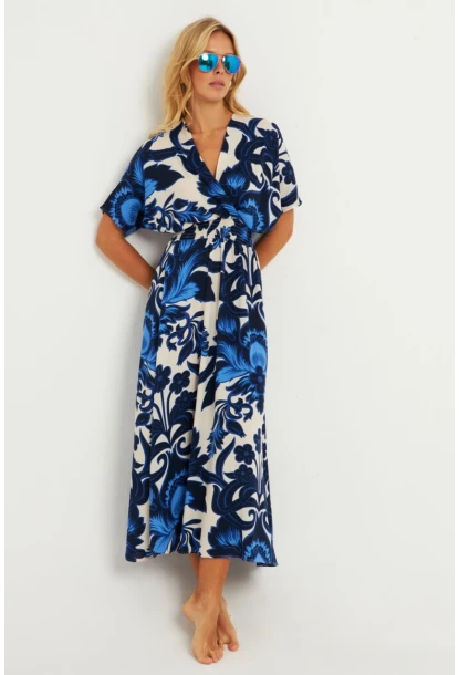 Kadın Saks Desenli Gipeli Midi Elbise YZ1055