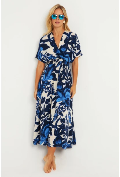 Kadın Saks Desenli Gipeli Midi Elbise YZ1055