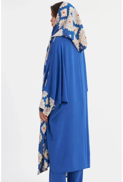 Kadın Saks Desenli Kapüşonlu Kaftan GÇ193