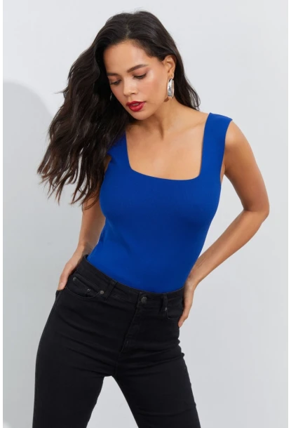 Kadın Saks Kare Yaka Triko Bluz YV87