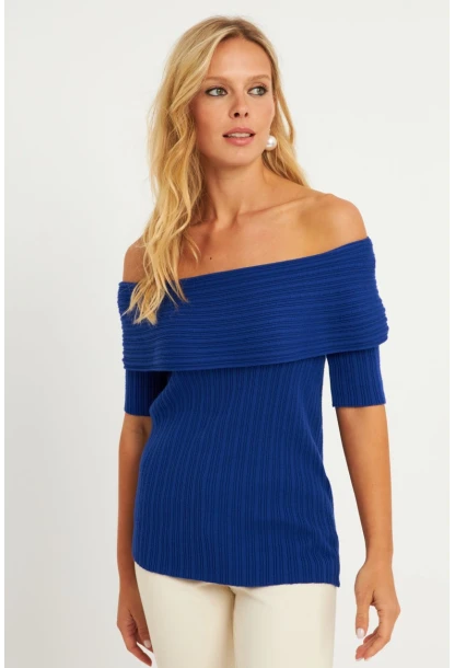 Kadın Saks Madonna Yaka Triko Bluz KZ538