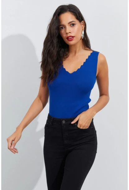 Kadın Saks Merdiven Yaka Triko Bluz YV83