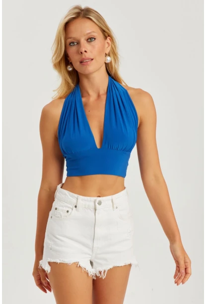 Kadın Saks Multi Bağlamalı Crop Bluz LPP1280