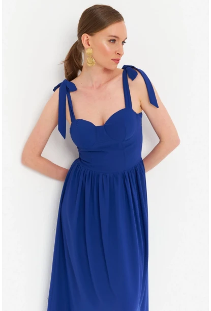 Kadın Saks Pileli Maxi Elbise ERL100