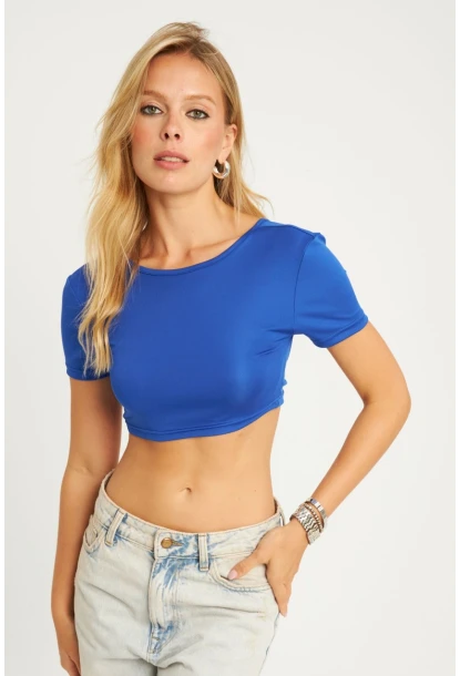 Kadın Saks Sırtı Açık Crop Bluz CG358