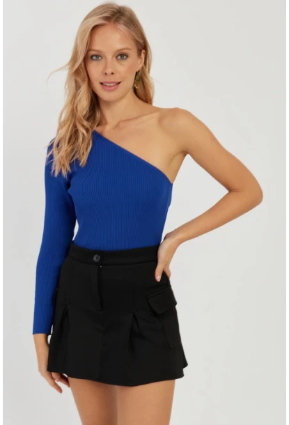 Kadın Saks Tek Omuz Triko Bluz YV204
