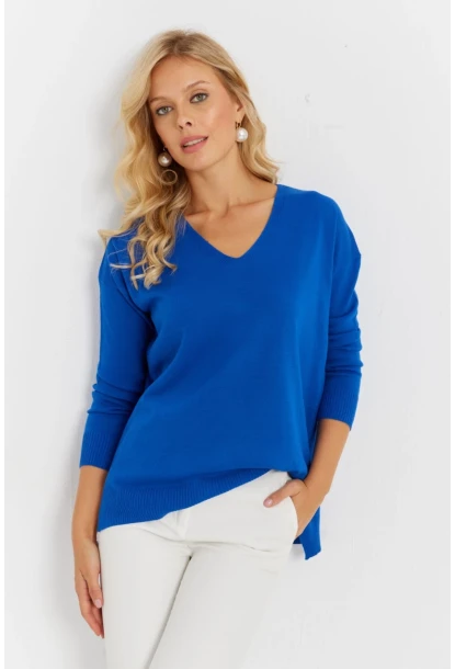 Kadın Saks V Yaka Triko Kazak YİL549