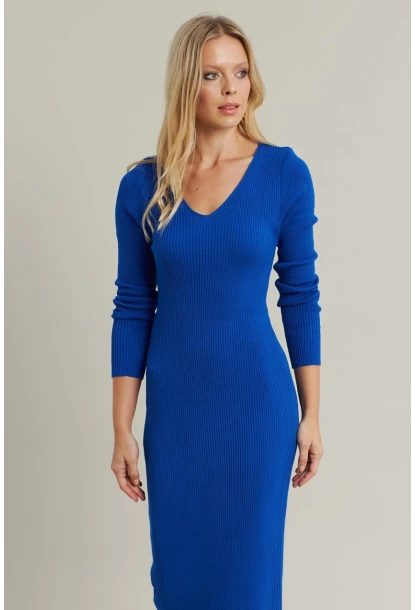 Kadın Saks V Yaka Triko Midi Elbise MYİL560