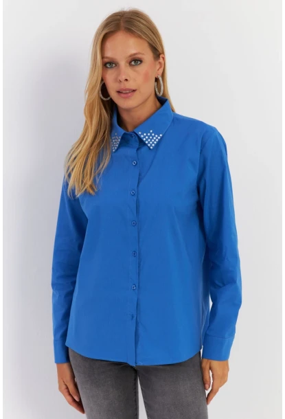 Kadın Saks Yakası Taşlı Gömlek ZER413