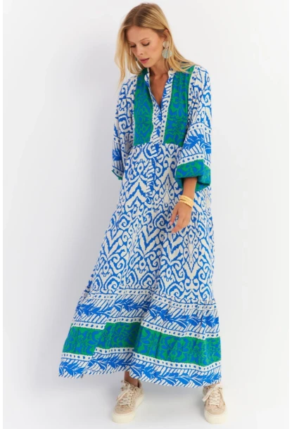 Kadın Saks-Yeşil Volanlı Maxi Elbise MALO11