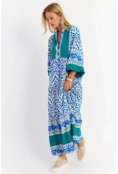 Kadın Saks-Yeşil Volanlı Maxi Elbise MALO11