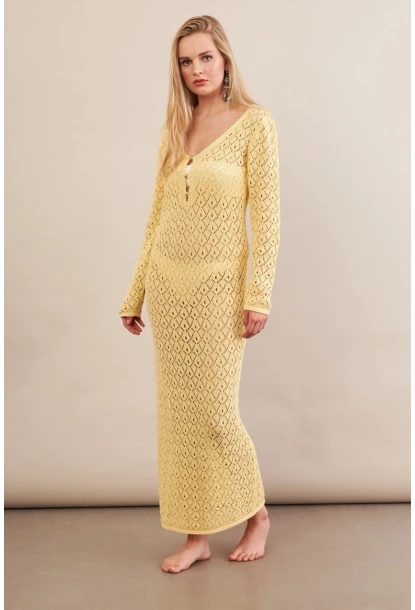 Kadın Sarı Aksesuarlı Triko Plaj Elbisesi KZ3237-90